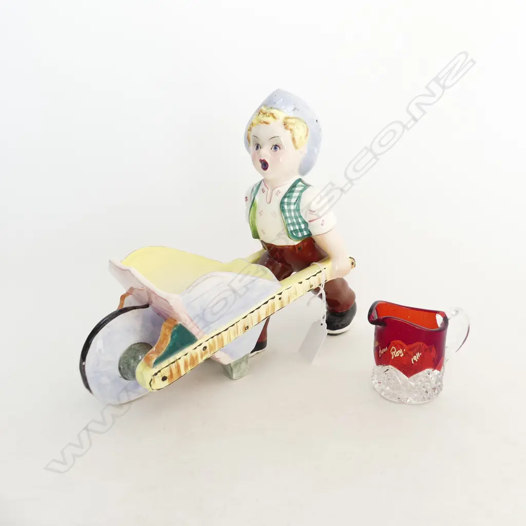 AUSTRIAN ? BOY W WHEELBARROW small chip to hat + EXHIBITION NZ RUBY GLASS JUG Image 1++