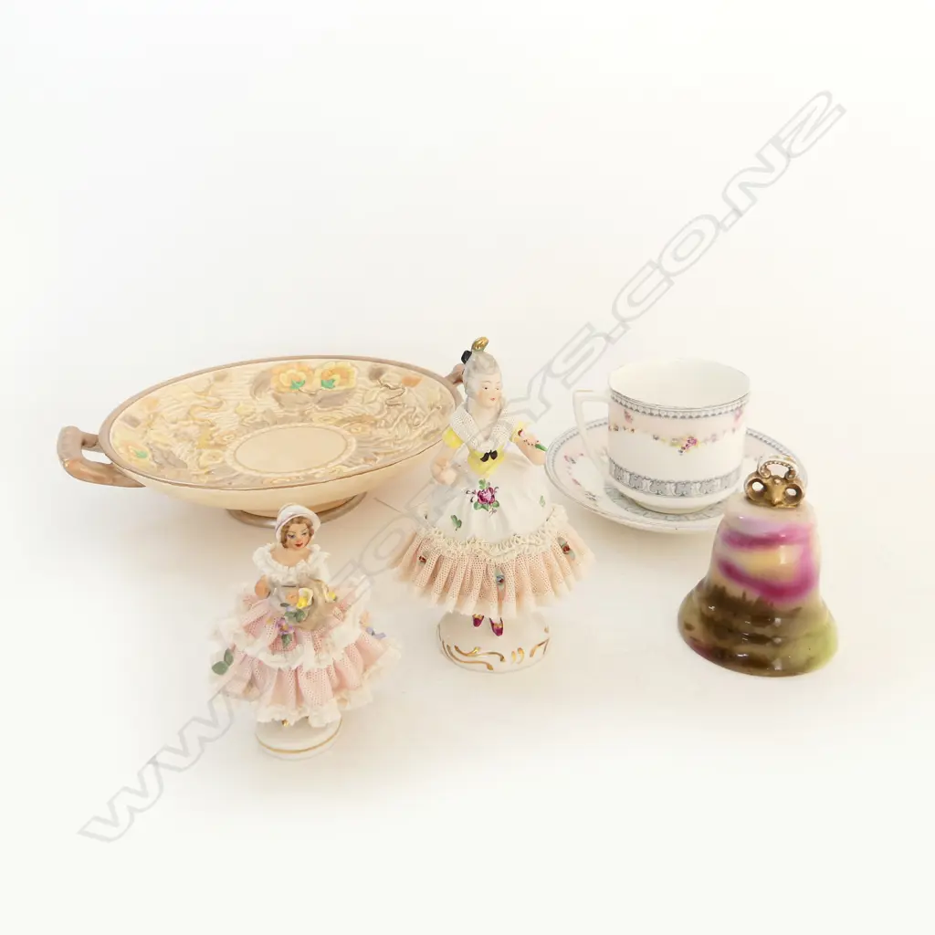 DOULTON CUP & SAUCER + BAYREUTH BELL + INDIAN TREE DISH + 2 DRESDEN LADIES crinoline dresses Image 1++