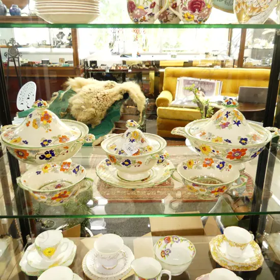 MASONS BIBLE PATTERN 2 LARGE TUREENS, SAUCE TUREEN WITH LADLE ON BASE DISH & TWO SOUP COUPES 