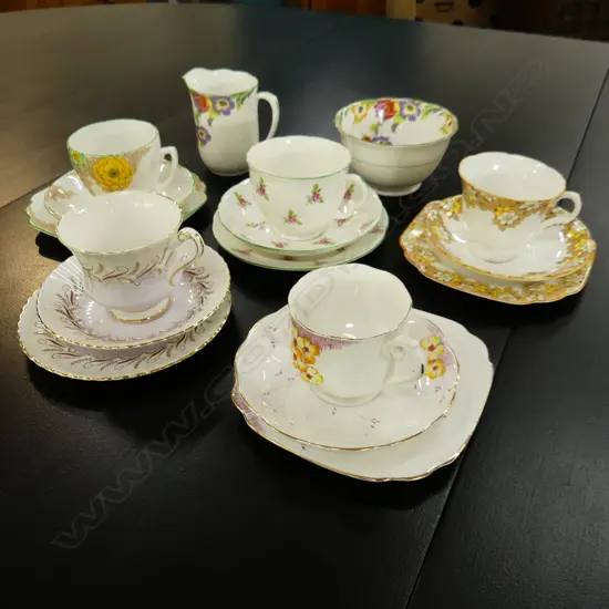 FIVE CHINA CUP, SAUCER & PLATE SETS, MILK JUG & SUGAR BOWL – FOLEY ROYAL ALBERT, PARAGON ETC 