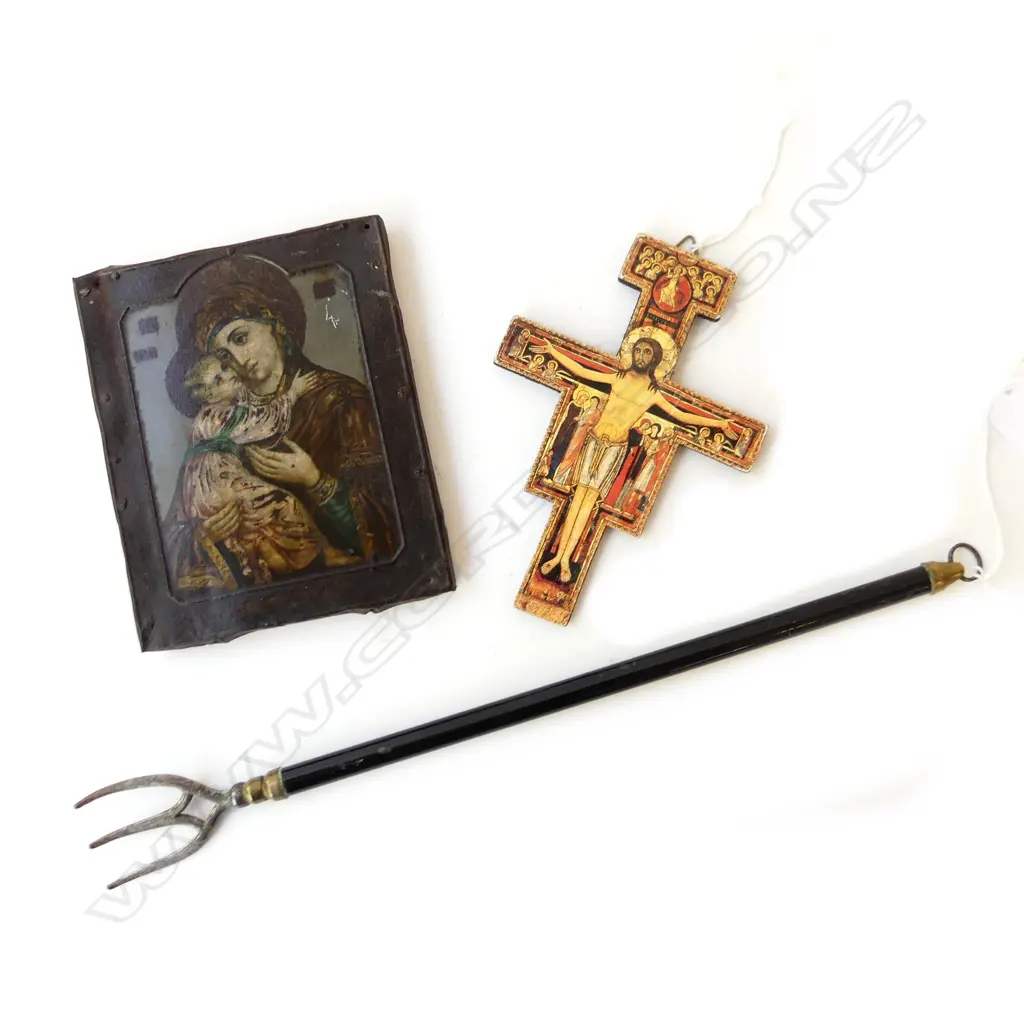 3 ITEMS, RUSSIAN RELIGIOUS ICON PRINTED ON METAL 135x115mm, CRUCIFIX & LONG FORK L.320mm Image 1++