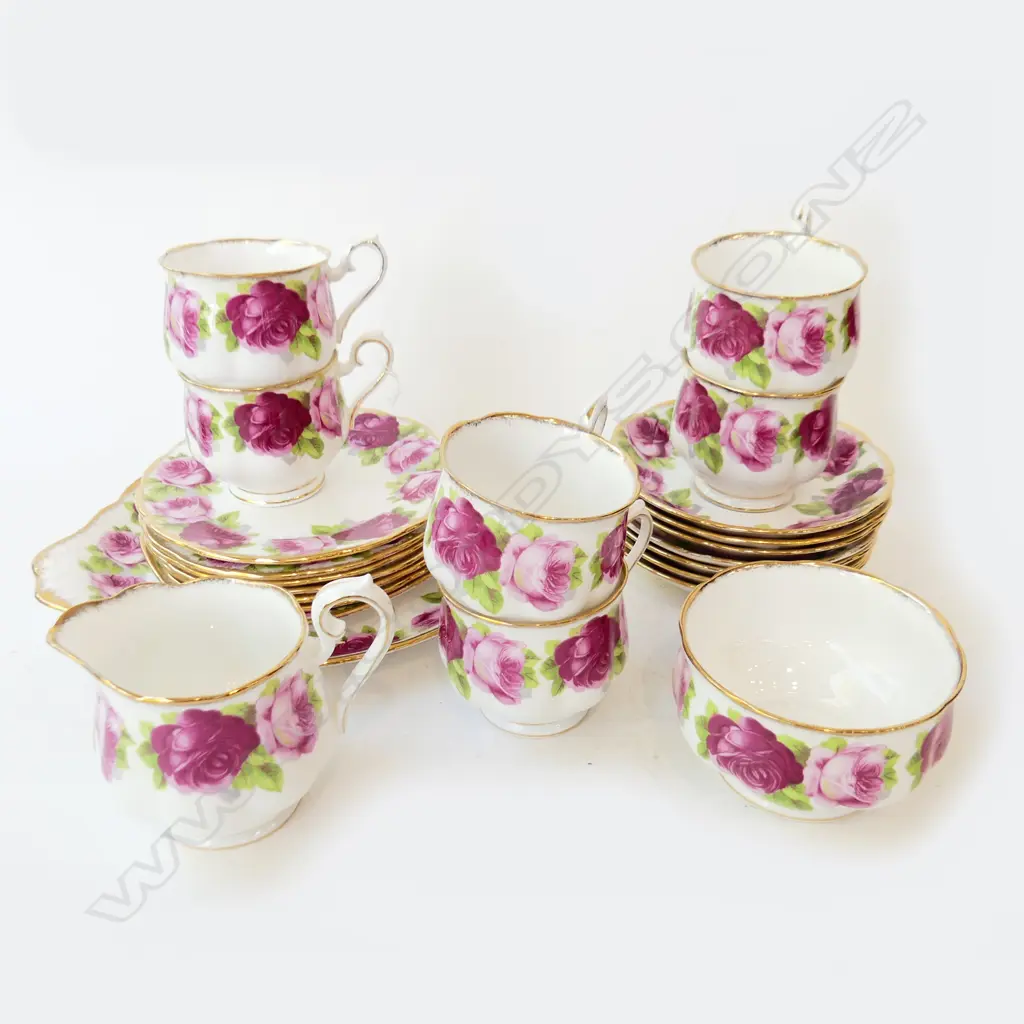 ROYAL ALBERT 'OLD ENGLISH ROSE' TEA SET; 6 TRIOS, 2 DISHES, SUGAR, MILK,  - HAIRLINES Image 1++