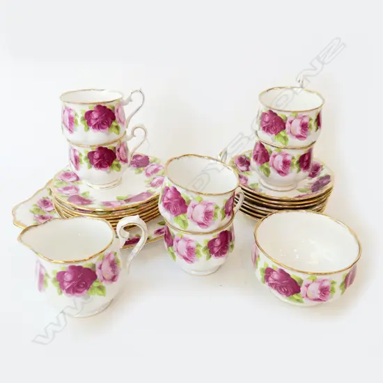 ROYAL ALBERT 'OLD ENGLISH ROSE' TEA SET; 6 TRIOS, 2 DISHES, SUGAR, MILK,  - HAIRLINES