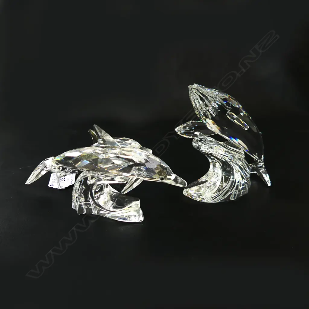 SWAROVSKI; 1992 'CARE FOR ME' THE WHALES + 1990 'LEAD ME' THE DOLPHINS L.120mm, BOXED Image 1++