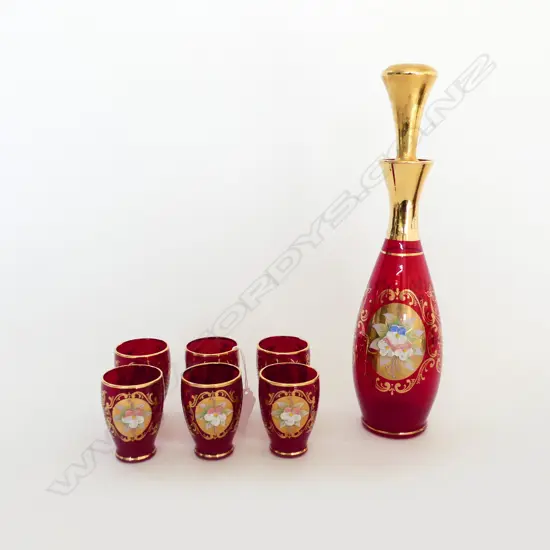 ITALIAN MURANO RUBY GLASS DECANTER & 6 GLASSES SET floral encrusted