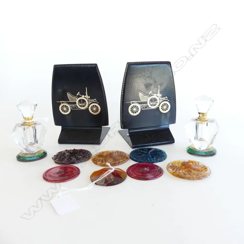 PR VINTAGE BOOKENDS LEATHER w CAR DESIGN (marked), PR CUT GLASS SCENT BOTTLES & 8 VIC KALEIDOSCOPE GLASS Image 1++