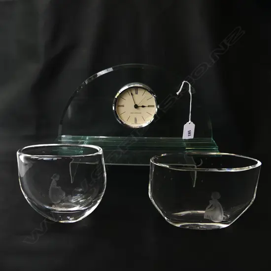 2 ORREFORS CRYSTAL VASES H.115mm + GLASS FRAMED CLOCK W.335mm