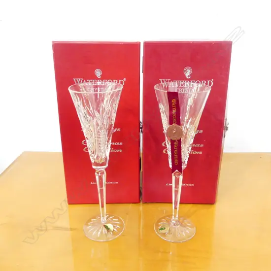 2 WATERFORD '12 DAYS OF CHRISTMAS' CRYSTAL FLUTES, PARTRIDGE & SWAN H.260mm, BOXED (1 BOX FAULTED)
