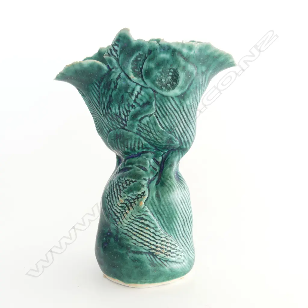 ROSEMARY BRITTAIN SML GREEN WAISTED VASE, IMPRESSED NIKAU DESIGN. H.140mm (damage to rim) Image 1++