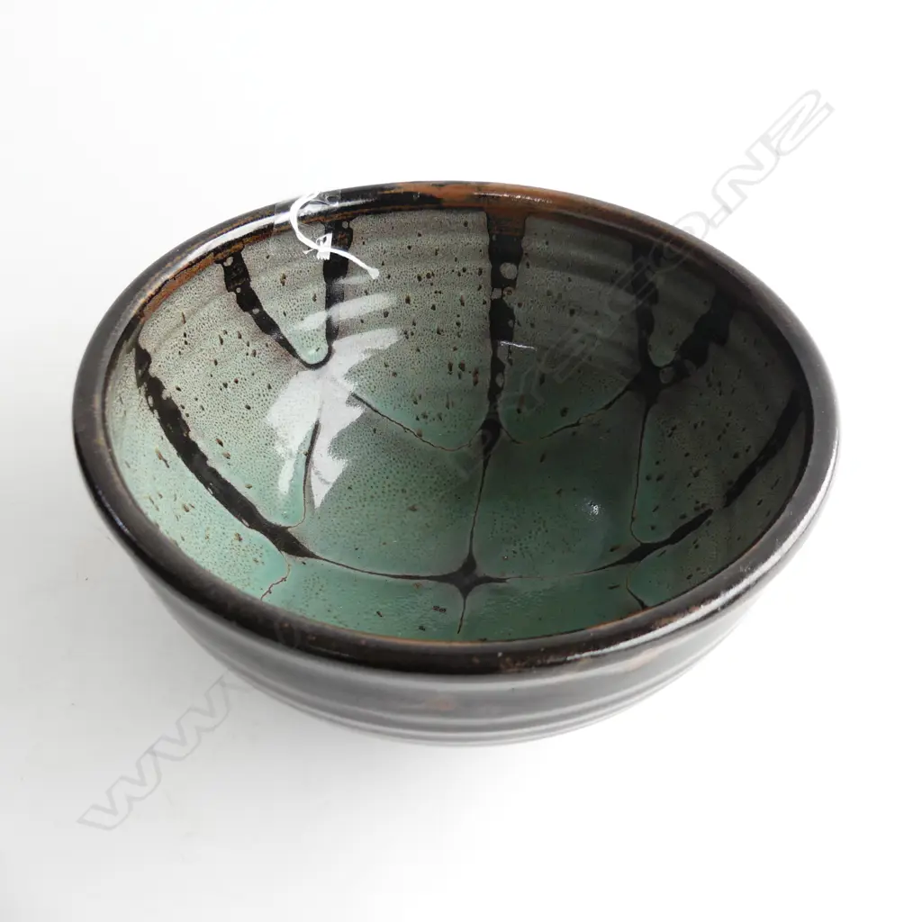 NZ STUDIO POTTERY BOWL WITH A CHUN WAX RESIST PATCHWORK PATTERN, DIA. 220mm Image 1++