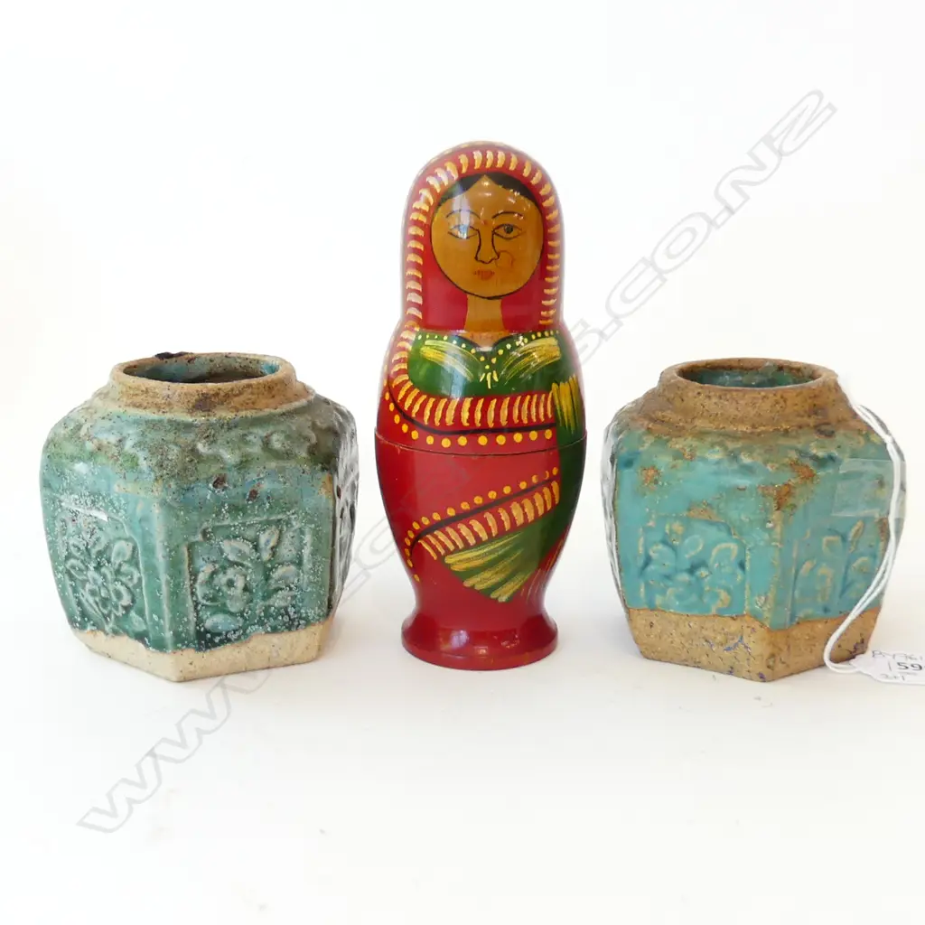 2 GREEN GLAZED GINGER JARS H.90mm + MATRYOSHKA DOLL H.165mm Image 1++