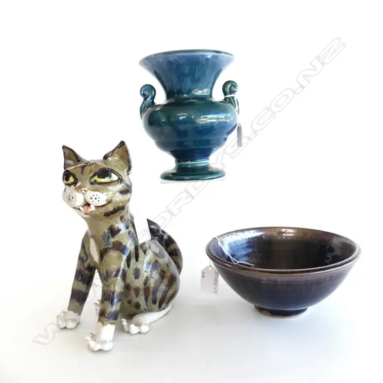 3 PC, PETER ALGER BOWL, TITIAN STUDIO #SB204 URN SHAPED VASE & KAREN KENNEDY POTTERY CAT, H.210mm