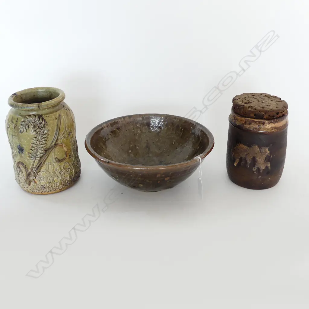 3 LRG NZ POTTERY PCS, 2 JARS & BOWL Image 1++