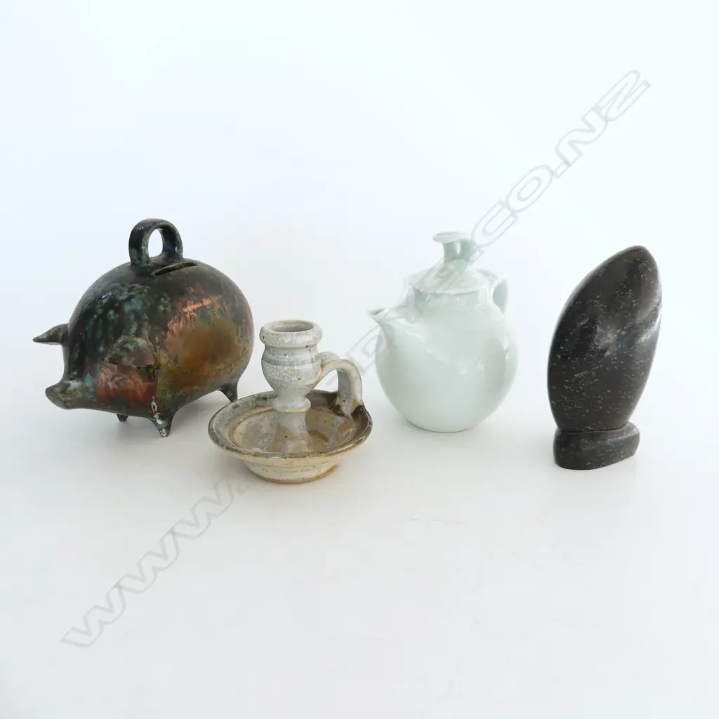 4 PCS POTTERY ETC INCLDS SUE NEWITT PORCELAIN TEAPOT, PETER OXBOROUGH CANDLESTICK, STEPHEN GWALIASI PIECE & POTTERY PIG Image 1++