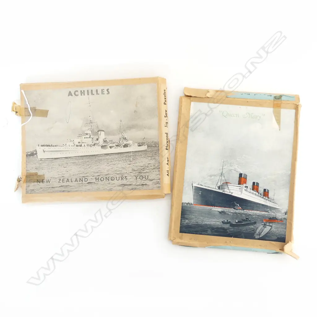 2 OLD WOODEN JIG-SAWS of the ships "Achilles' & 'Queen Mary ' in original boxes Image 1++