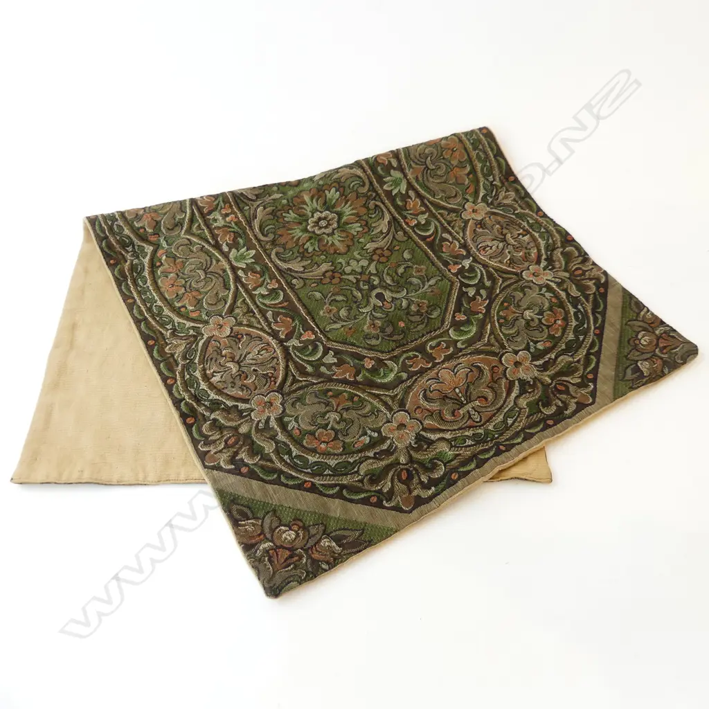 (57) VINTAGE WOVEN TEXTILE GREEN THREAD GROUND (cushion cover) 710 X 400mm Image 1++