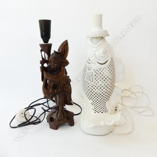 2 ORIENTAL LAMPS; CARVED WOODEN MAN, WHITE FISH H.390mm