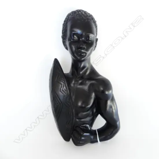 VINTAGE WALL MOUNTED AFRICAN MAN w. SHEILD, BLACK PAINTED PLASTER H.320mm