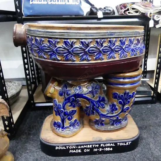 VICTORIAN DOULTON LAMBETH FLORAL DECORATED STONEWARE TOILET c1884, MOUNTED FOR DISPLAY, (some restoration)