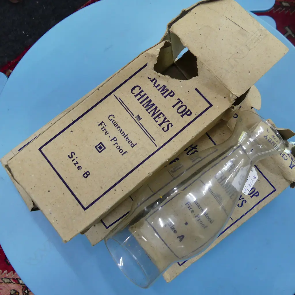 FOUR GLASS CHIMNEYS FOR KEROSENE LAMPS IN ORIGINAL BOXES SIZES A,B, & 2, L.210mm-240mm  Image 1++