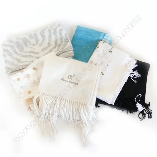 6 SCARFS, 2 ITALIAN LINEN, 2 SILK PASHMINAS & AN ALPACA CAMARGA & OTHER
