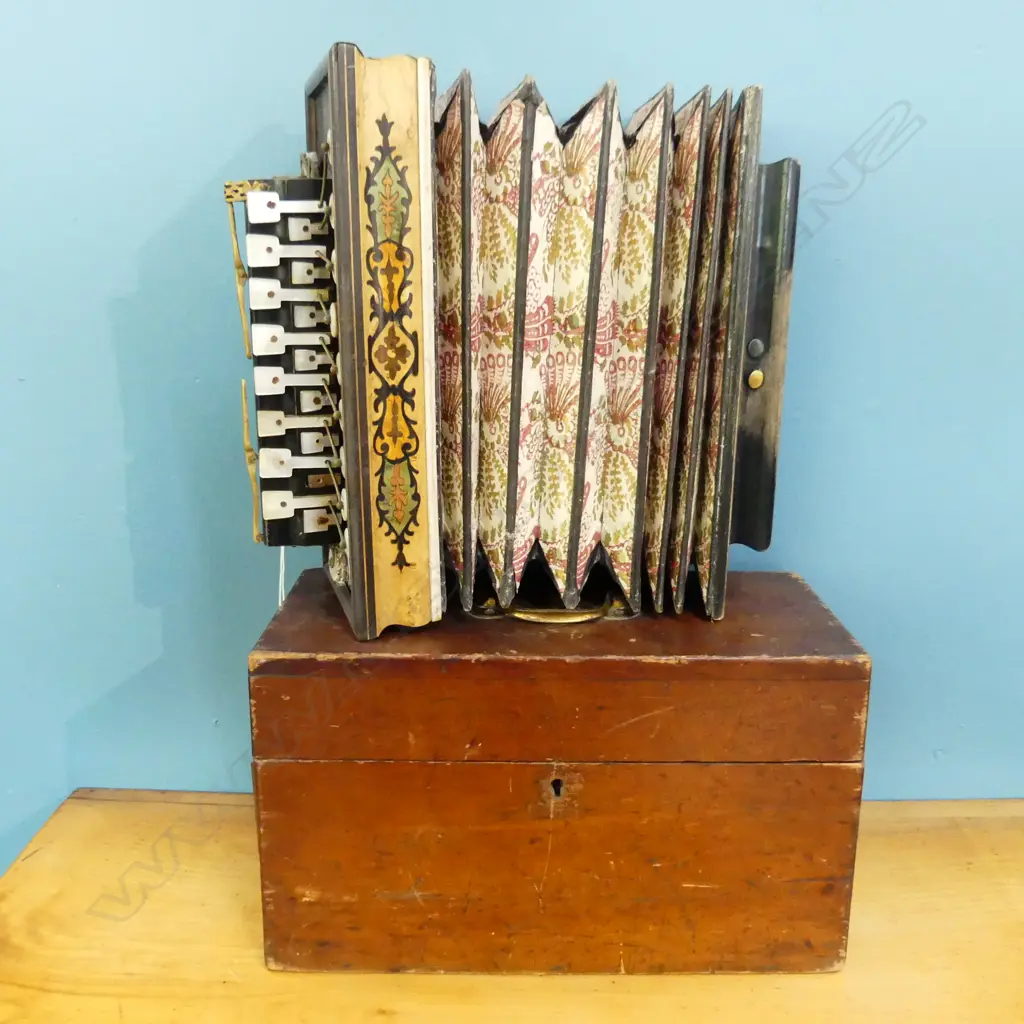 ANTIQUE ACCORDION BY M. HOWSONS STEEL REEDS 45 GOOSE GATE NOTTINGHAM L.305mm, BOXED Image 1++