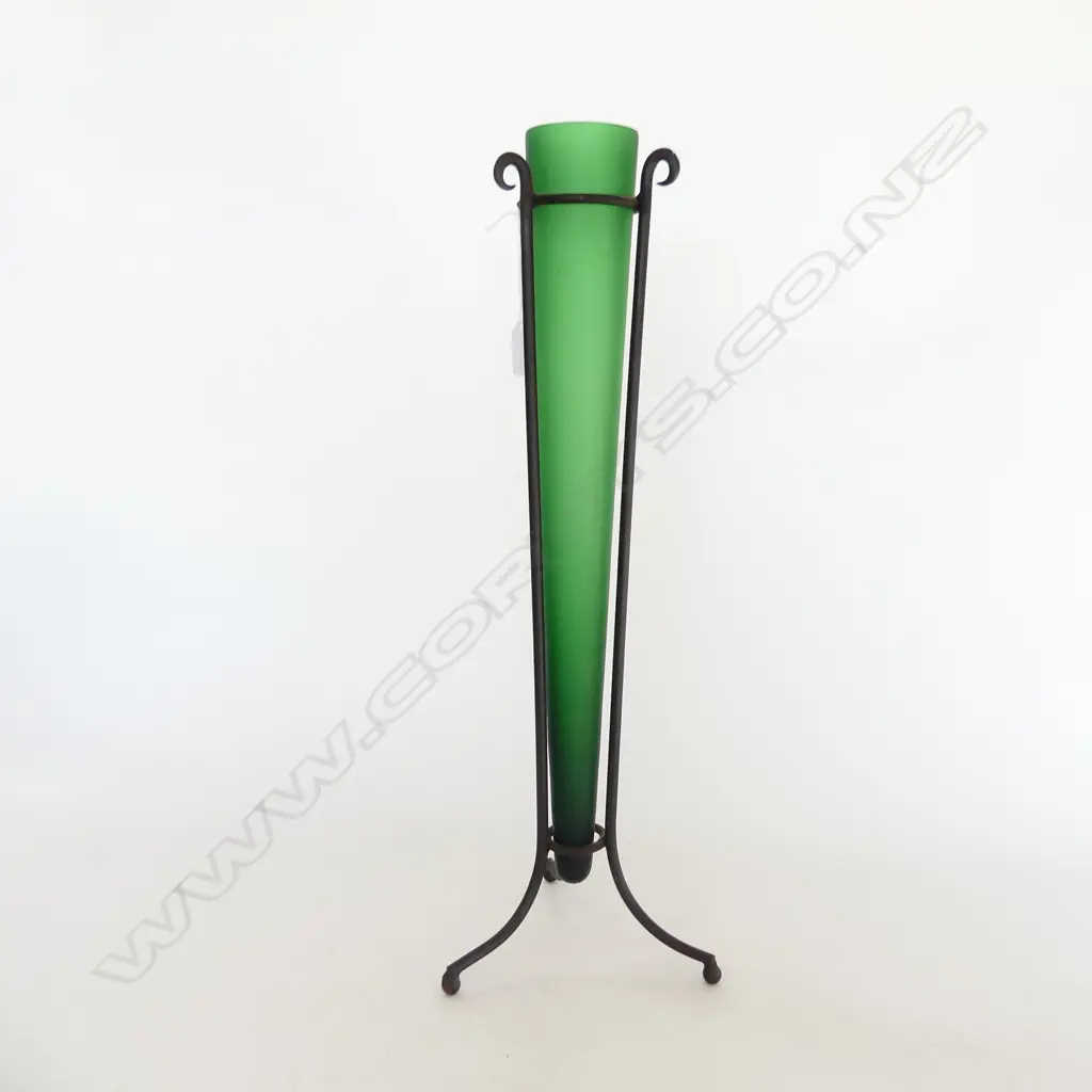 TALL GREEN GLASS VASE IN METAL STAND H.550mm Image 1++