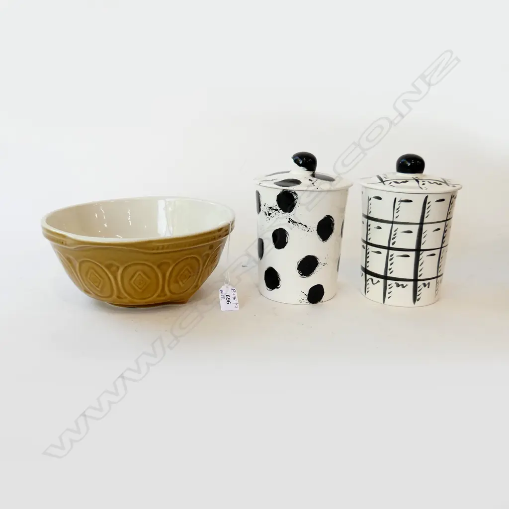 MASON CASH STYLE MIXING BOWL 260mm dia + 2 B/W LIDDED CONTAINERS - RECKLESS FOR HEALS '93 H.195mm  Image 1++