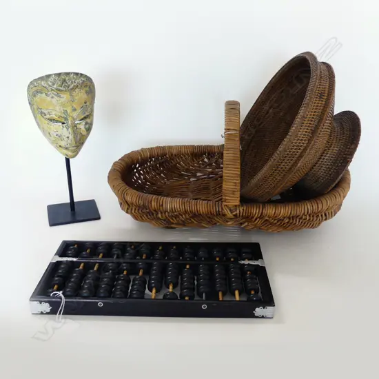 2 WOVEN BASKETS + EBONISED ABACUS L.390mm + ORIENTAL MASK ON STAND H.330mm