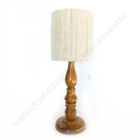 RETRO TURNED WOODEN LAMP w. WOOL SHADE H.650mm REQ. WIRING