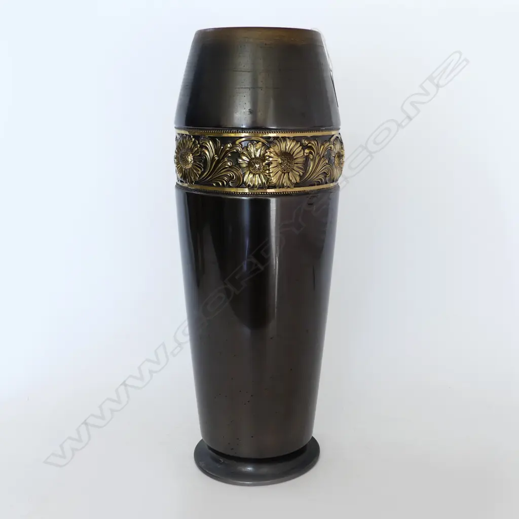LRG SPUN BRASS WMF VASE WITH FLORAL BAND DECORATION, 1909-1920. Image 1++