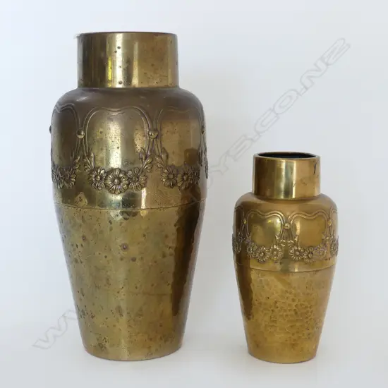 PR WMF BRASS VASES, HAND HAMMERED BOTTOM w FLORAL DETAIL TOPS, H.320mm (tallest)