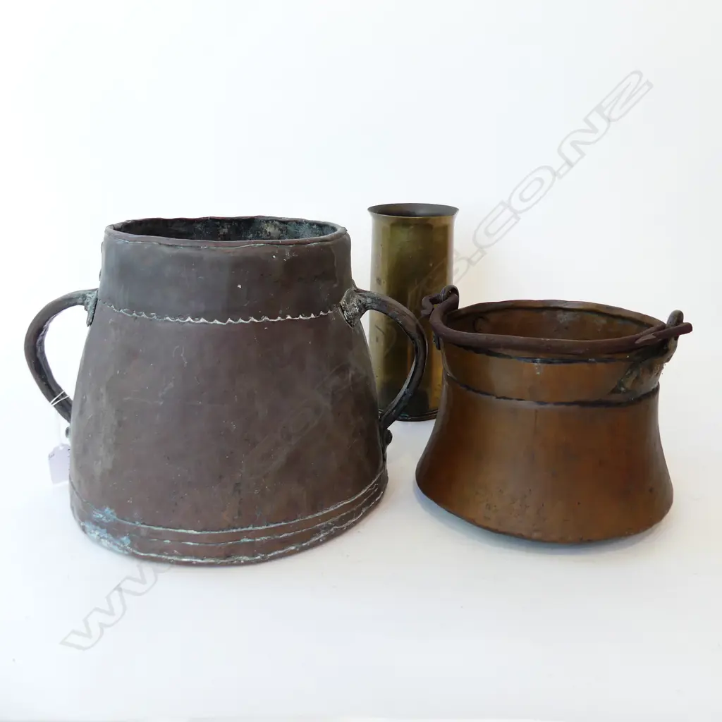 3 VINTAGE METAL CONTAINERS; SHELL CASING, DOUBLE HANDLED H.230mm, SWING HANDLE Image 1++