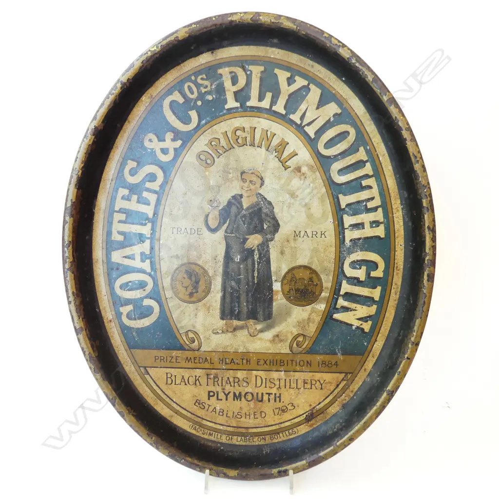 VINTAGE OVAL METAL DRINKS TRAY 'COATES & Co.s PLYMOUTH GIN 405x325mm Image 1++