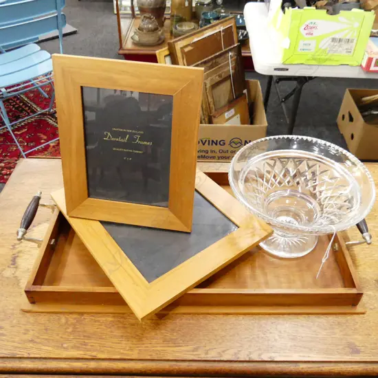 WOODEN TRAY W.560mm + 2 FRAMES + LG CRYSTAL BOWL 240mm dia