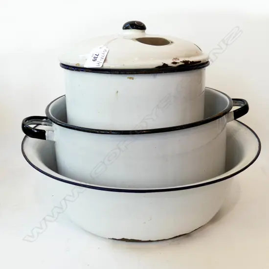 THREE LARGE ENAMEL WARE ITEMS – LIDDED JAR, POT, & BOWL, D.210mm-330mm