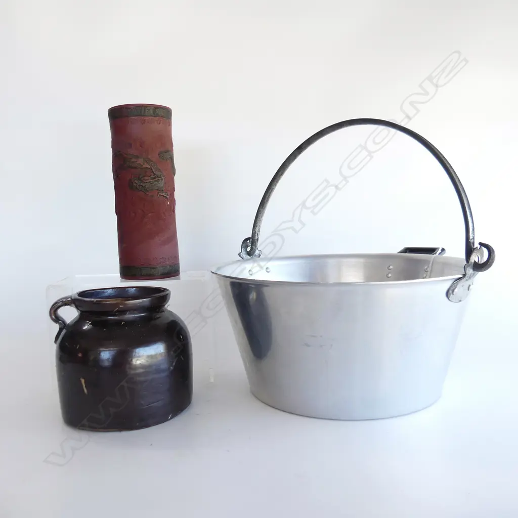 ANTIQUE FRENCH STONEWARE VASE, CHINESE TOKONAME DRAGON VASE & NEW OLD STOCK ALUMINIUM COOKING POT Image 1++