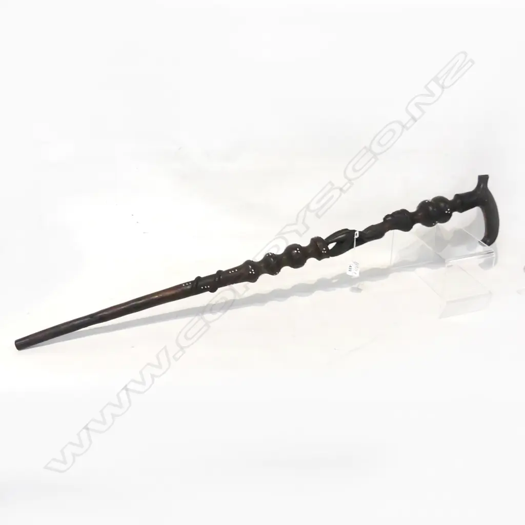 AFRICA HARDWOOD WALKING STICK WITH CARVED INCORPORATED FIGURE + BONE INLAYS. L.940mm Image 1++