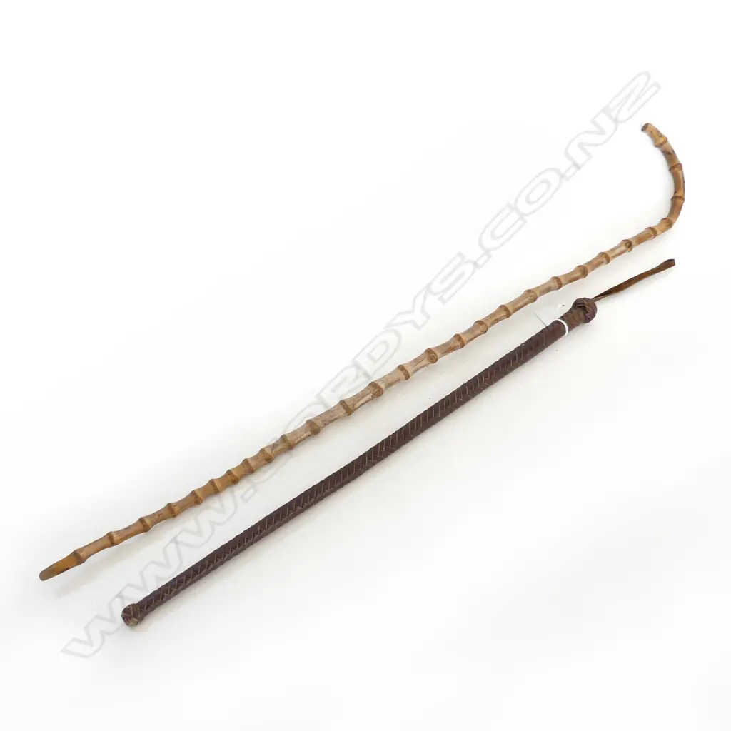 OLD WOVEN LEATHER SWAGGER STICK faulted/broken + BAMBOO WALKING STICK Image 1++