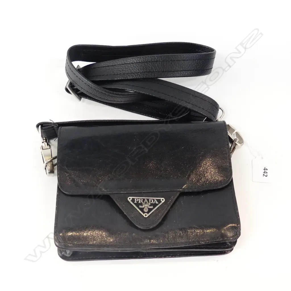 BLACK LEATHER FAUX PRADA STYLE BAG, SHOWING WEAR   Image 1++