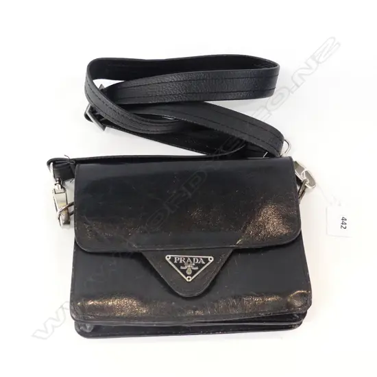 BLACK LEATHER FAUX PRADA STYLE BAG, SHOWING WEAR  