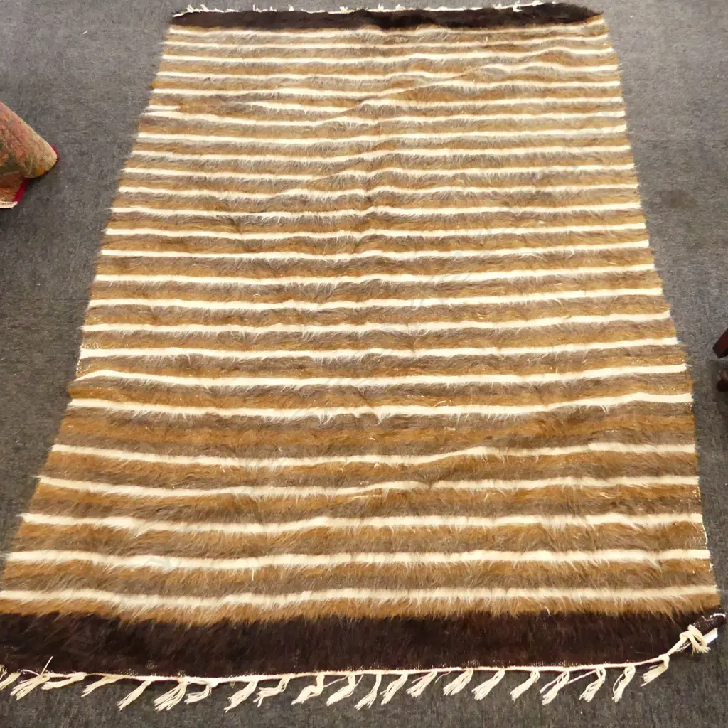 LG VINTAGE TURKISH STRIPED RUG; BROWN MOHAIR ON COTTON 1850x1300mm Image 1++