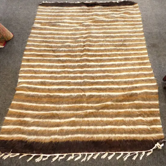 LG VINTAGE TURKISH STRIPED RUG; BROWN MOHAIR ON COTTON 1850x1300mm