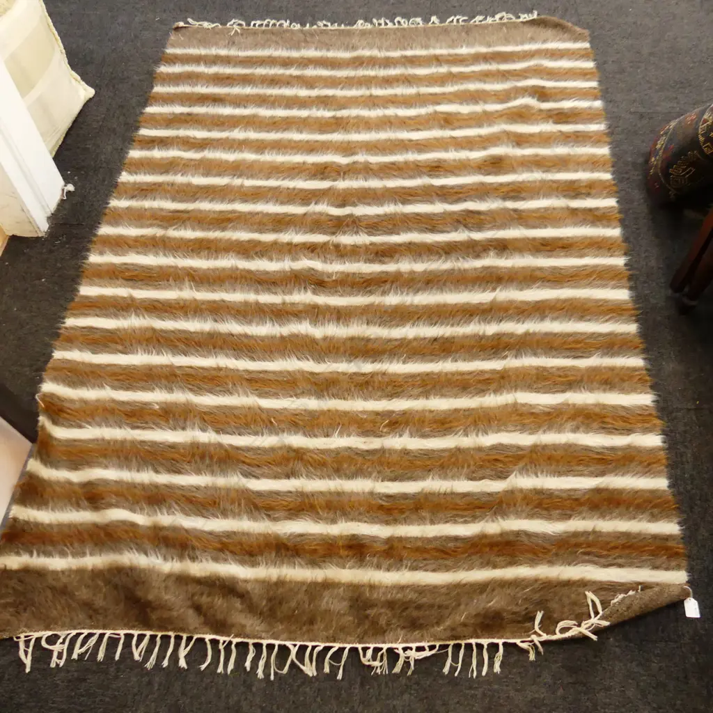 LG VINTAGE TURKISH STRIPED RUG; BROWN MOHAIR ON COTTON 1950x1400mm Image 1++