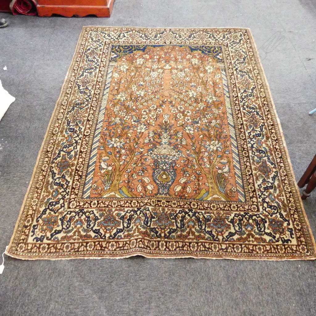 ANTIQUE HAND KNOTTED PERSIAN KASHAN TREE OF LIFE WOOL ON COTTON RUG 2050x1450mm Image 1++