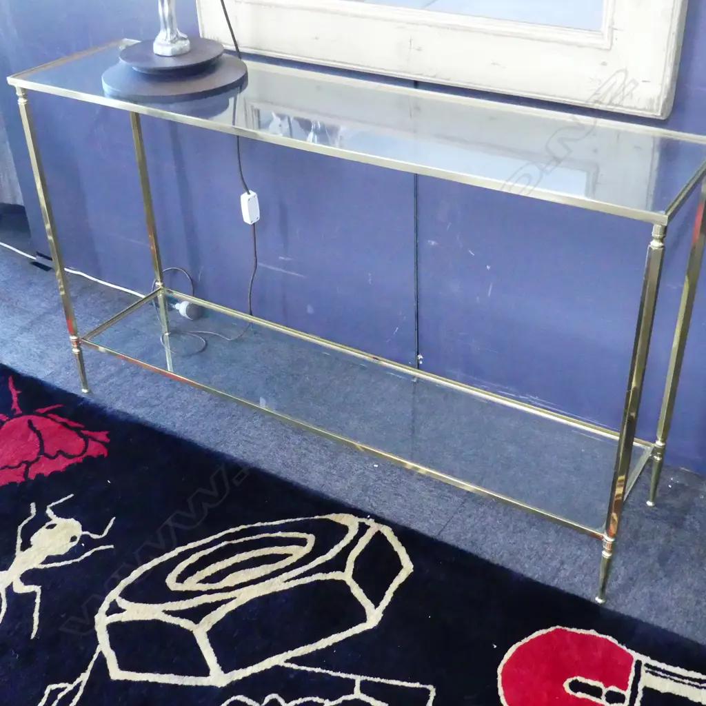 HOLLYWOOD REGENCY STYLE BRASS & GLASS HALL TABLE 1205x300x705mm Image 1++