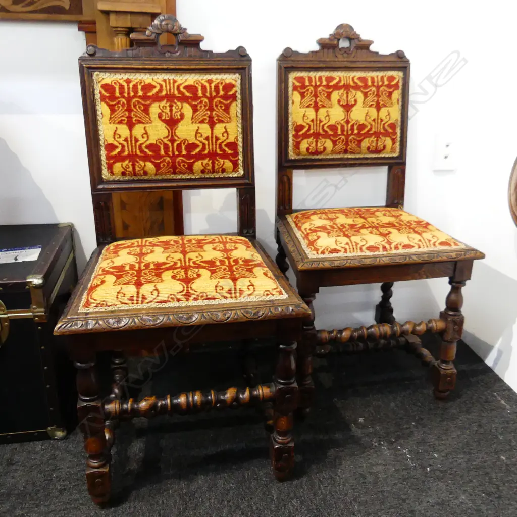 PR EARLY 20thC OAK BARLEY TWIST DINING CHAIRS w. RED & GOLD UPHOLSERY Image 1++