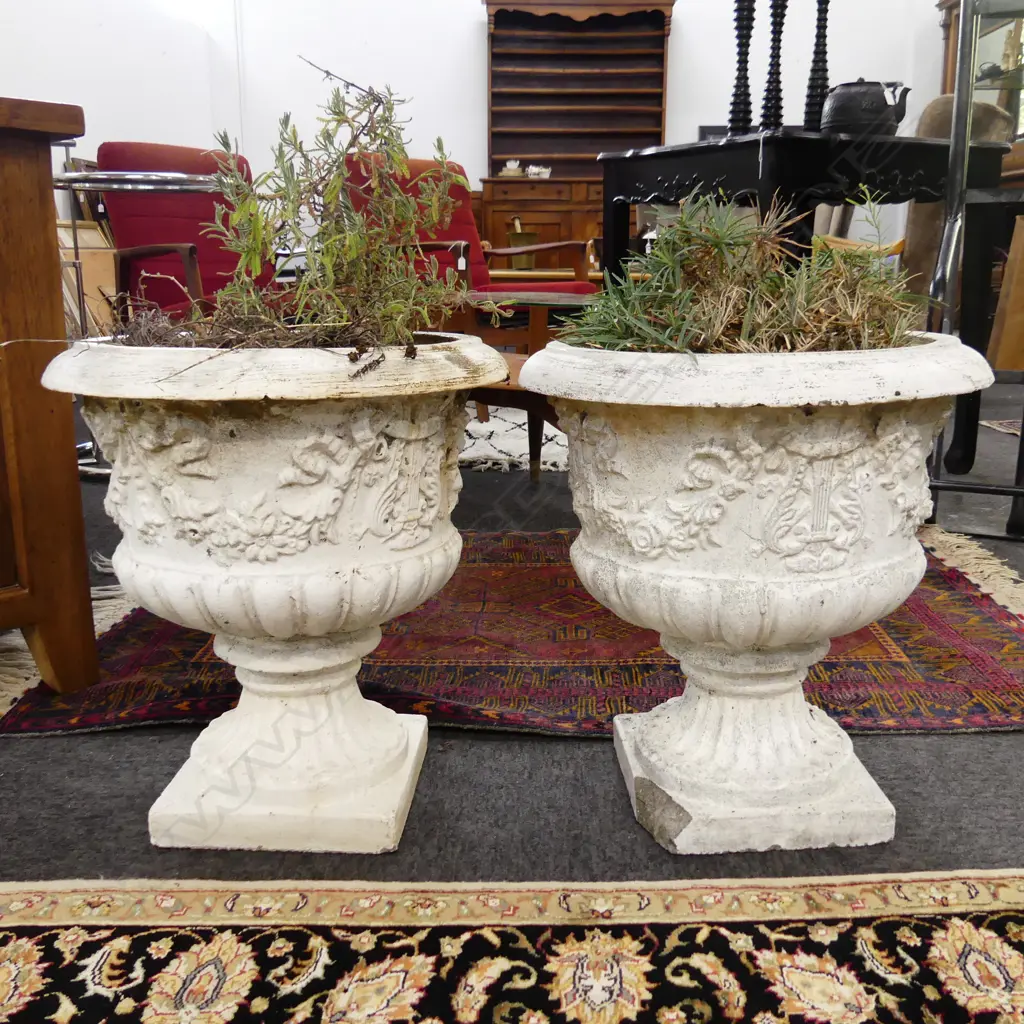 PR WHITE PAINTED CONCRETE URN PLANTERS H.460mm Image 1++