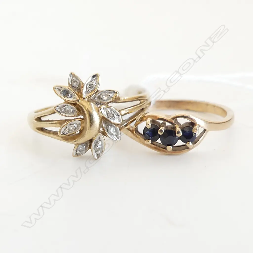 2 9CT SAPPHIRE/DIAMOND RINGS 3.6 GRAMS SIZE N 1/2 NOTE 1 SMALL DIAMOND MISSING Image 1++