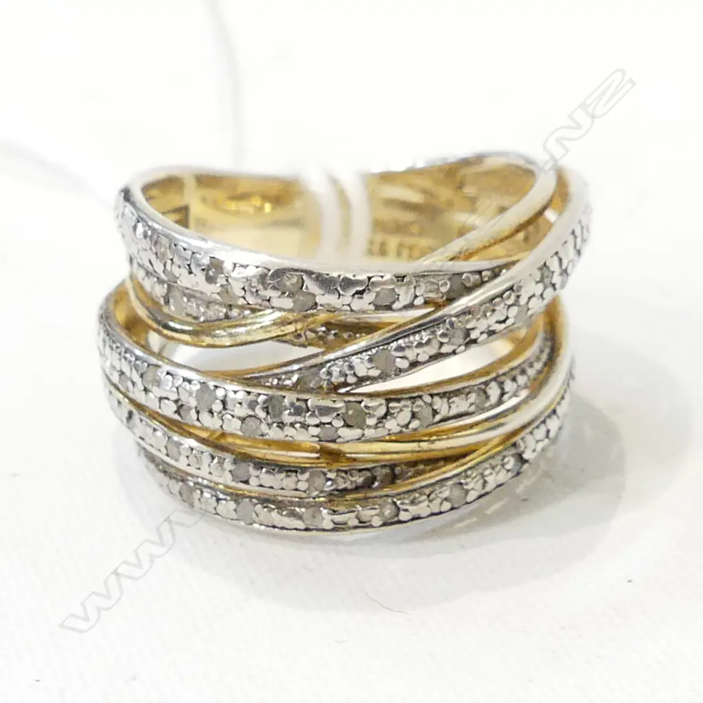 SILVER/GOLD PLATE CROSS OVER RING WITH DIA. CHIPS SIZE P 1/2 APPROX Image 1++